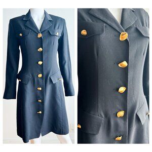 Vintage Holt Renfrew Pure New Wool Black Gold Button Office Dress 4